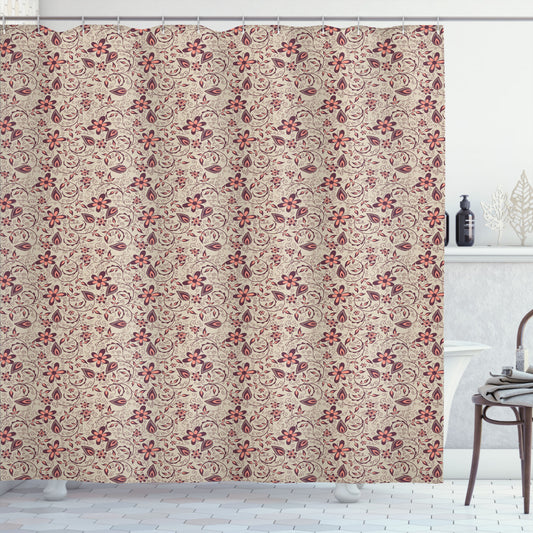 Vintage Floral Shower Curtain in Flower, Beige, Brown, and Coral Tones