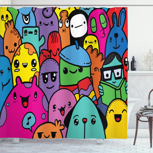 Vibrant Indie Doodle Monsters Shower Curtain: A Multicolored Essential