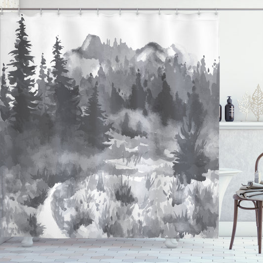 Watercolor Woodland Garden Mist Grey Dark Grey and White Shower Curtain