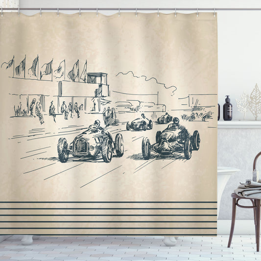 Vintage Racing Cars Sketchy Design in Forest Green and Beige - Shower Curtain