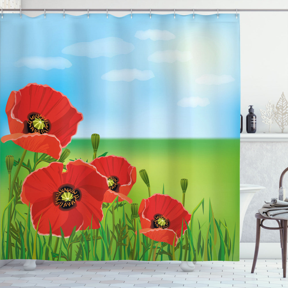 Vibrant Red Poppy Blossoms on a Sunny Day - Pale Blue, Green, and Red Shower Curtain