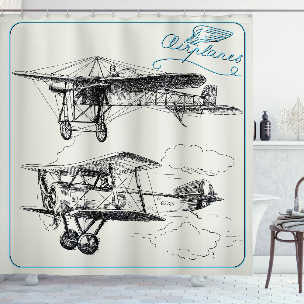 Black and Blue Airplane Jets Soaring in the Sky: A Shower Curtain Designed for Aviation Enthusiasts