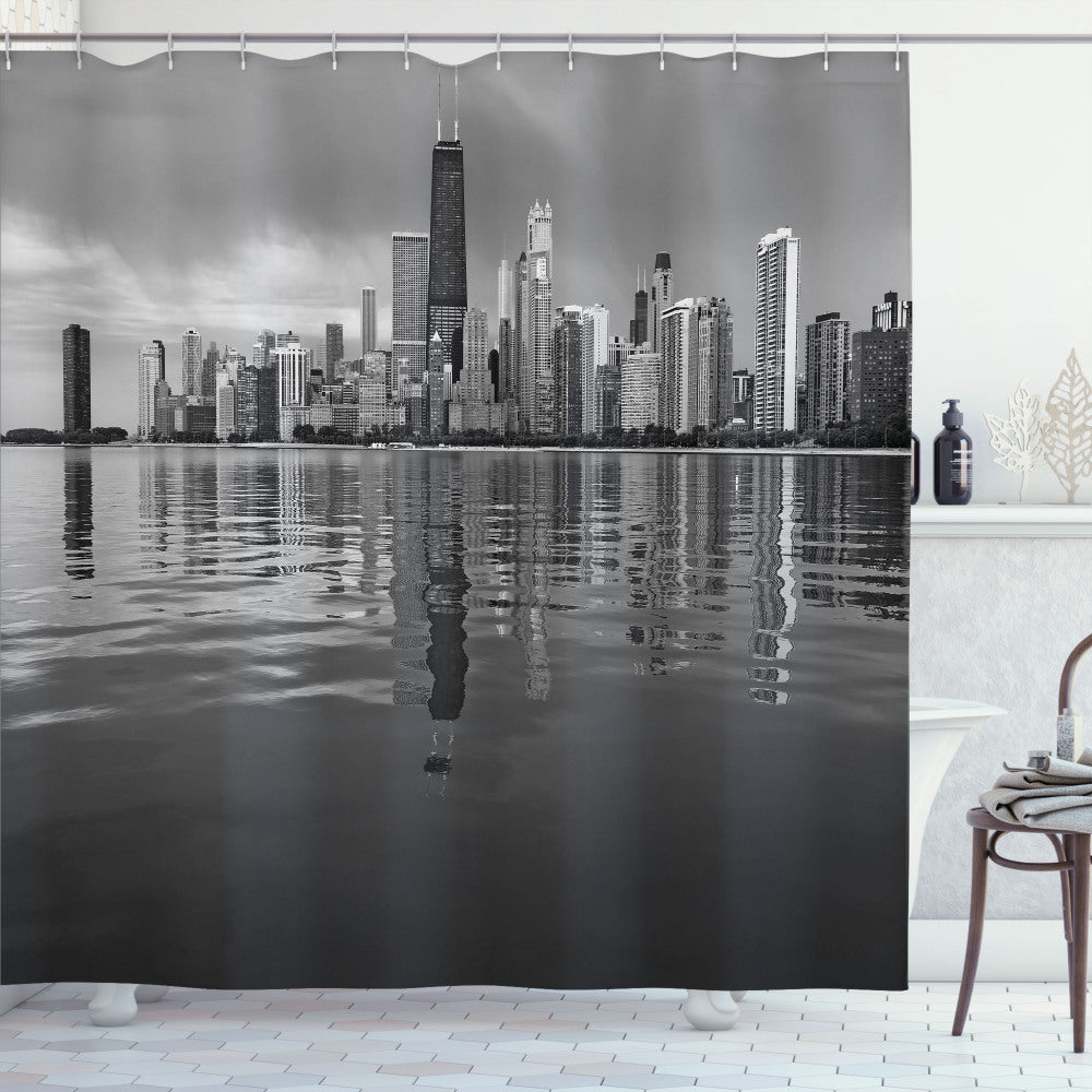 Chicago Skyline Inspired Black and White Coastal Town Harbour Shower Curtain