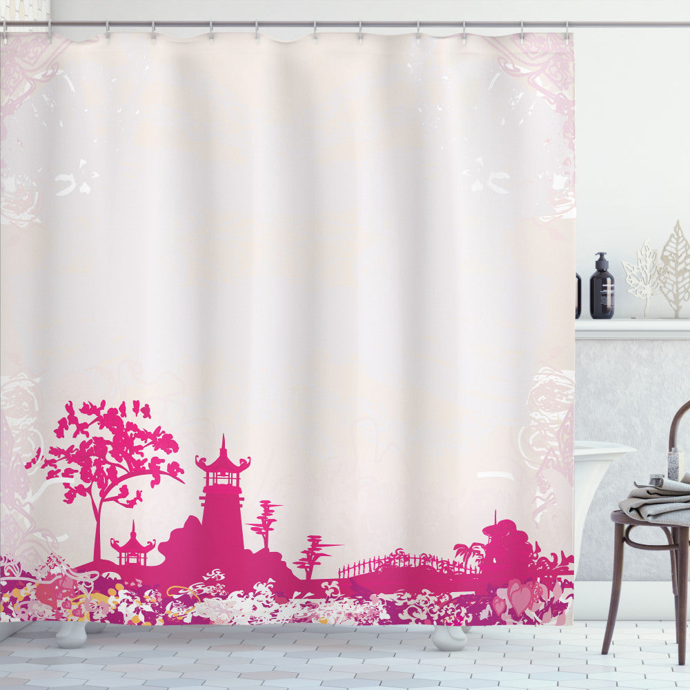 Asian-Inspired Vivid Pink and Cream Pagoda Shower Curtain