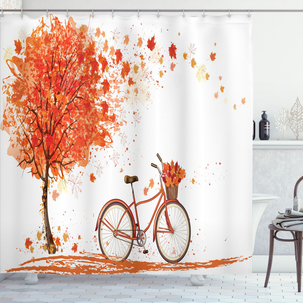 Watercolor Autumn Season Bath Curtain in Orange, White, and BrownPalette