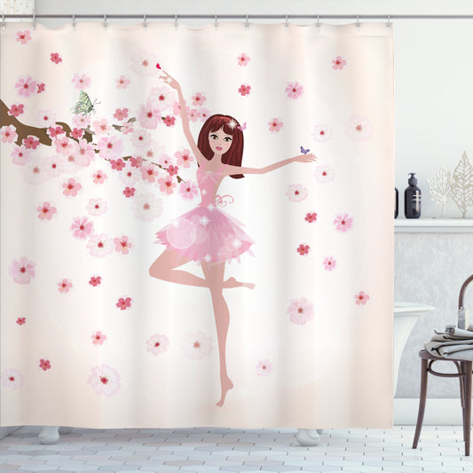 Ballet-inspired Pale Peach and Rose Shower Curtain featuring Ballerina Girl under Sakura Tree