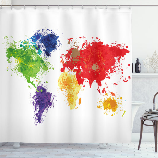 Vibrant World Map Design Shower Curtain in Purple, Yellow, and Red