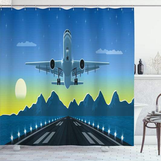 Airport Landing Plane with Mountain View Multicolor Bath Curtain