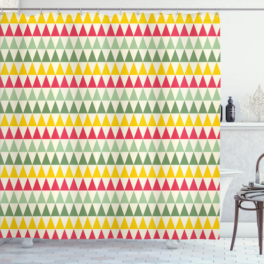 Vibrant Triangles: Retro Dark Coral, Pale Green, and Yellow Shower Curtain