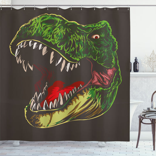 Aggressive Wild T-Rex Dinosaur Shower Curtain in Dark Brown and Fern Green