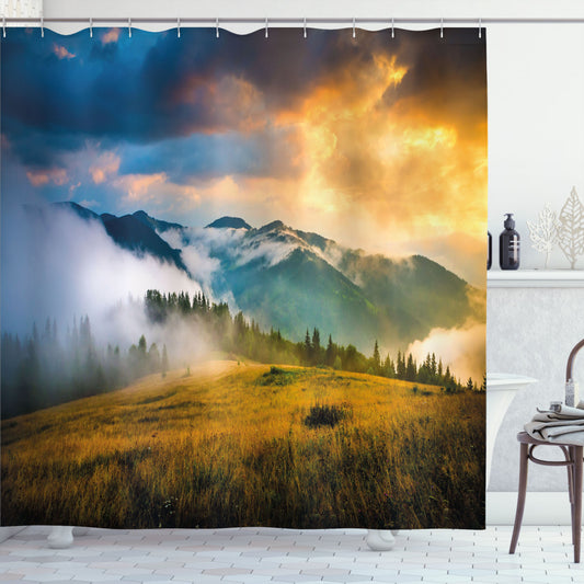 Vibrant Landscape Shower Curtain featuring Misty Mountaintops in Yellow, Green, and Blue