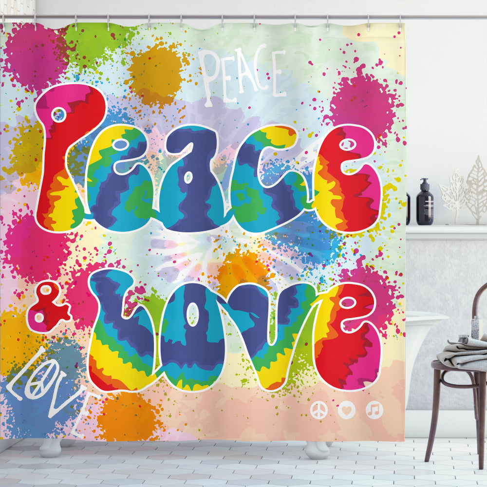 70s Party Multicolor Peace and Love Funky Shower Curtain