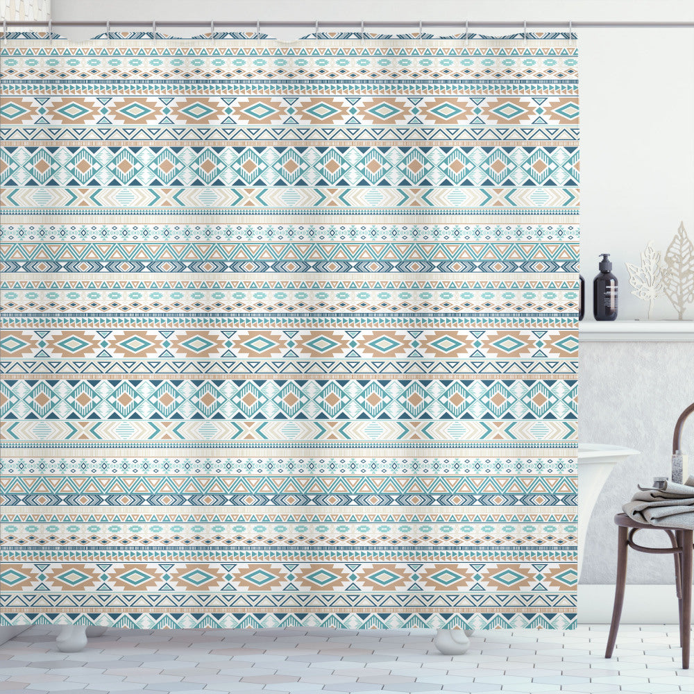 Chic Aztec Inspired Pastel Tone Geometric Shower Curtain in Tan, Slate Blue, and Pale Seafoam