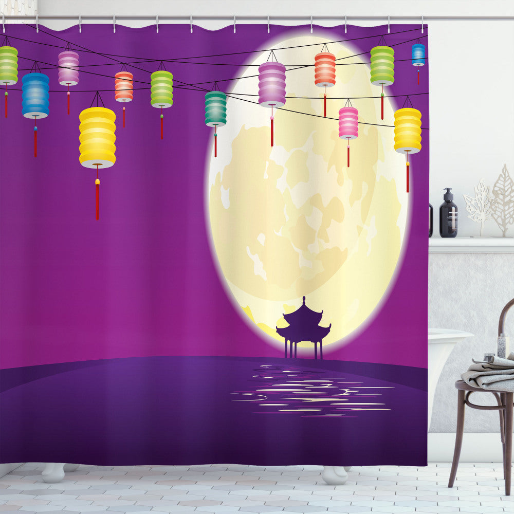 Chinese Pavilion Moon Lantern Night Blue and Violet Shower Curtain