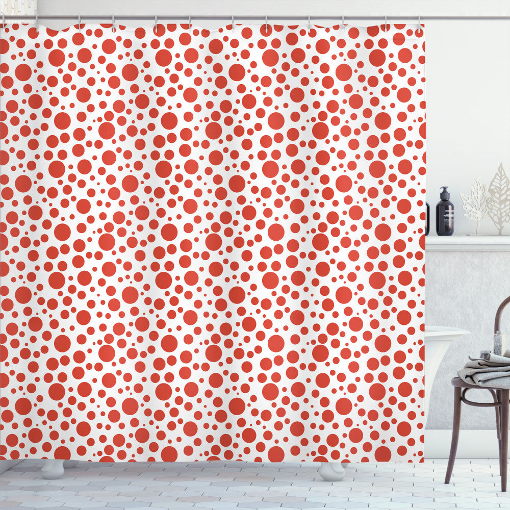 Abstract Vermilion and White Polka Dots Shower Curtain Design.