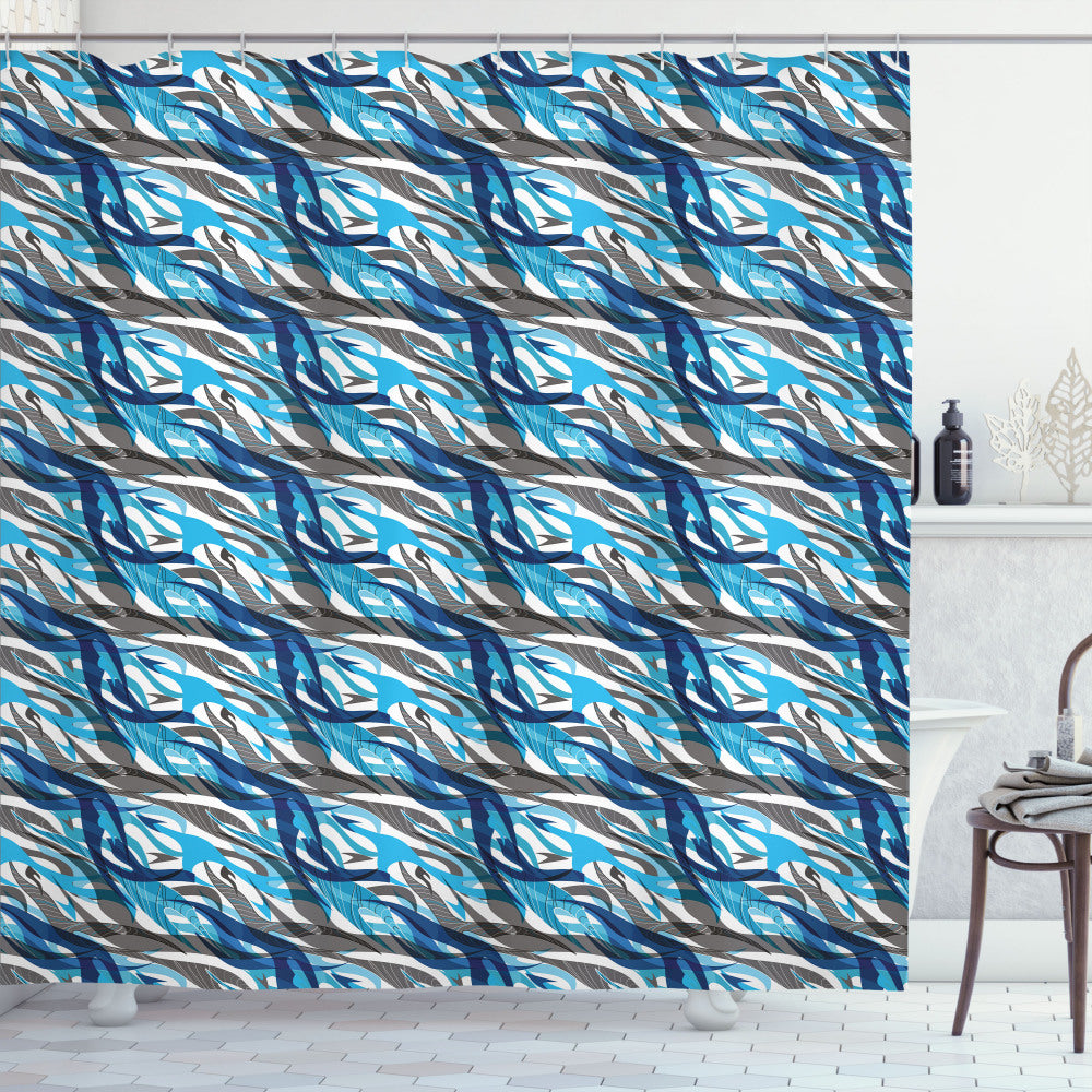 Abstract Striped Modern Art Design Bath Curtain in White, Grey, and Blue