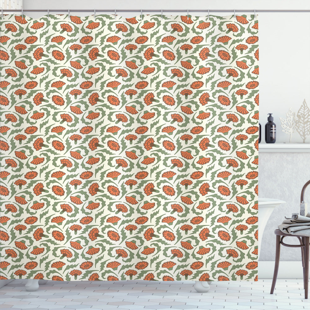 Carnations Curlicue Leaves Floral Shower Curtain in Burnt Sienna, Umber, Peacock Green, and Ivory