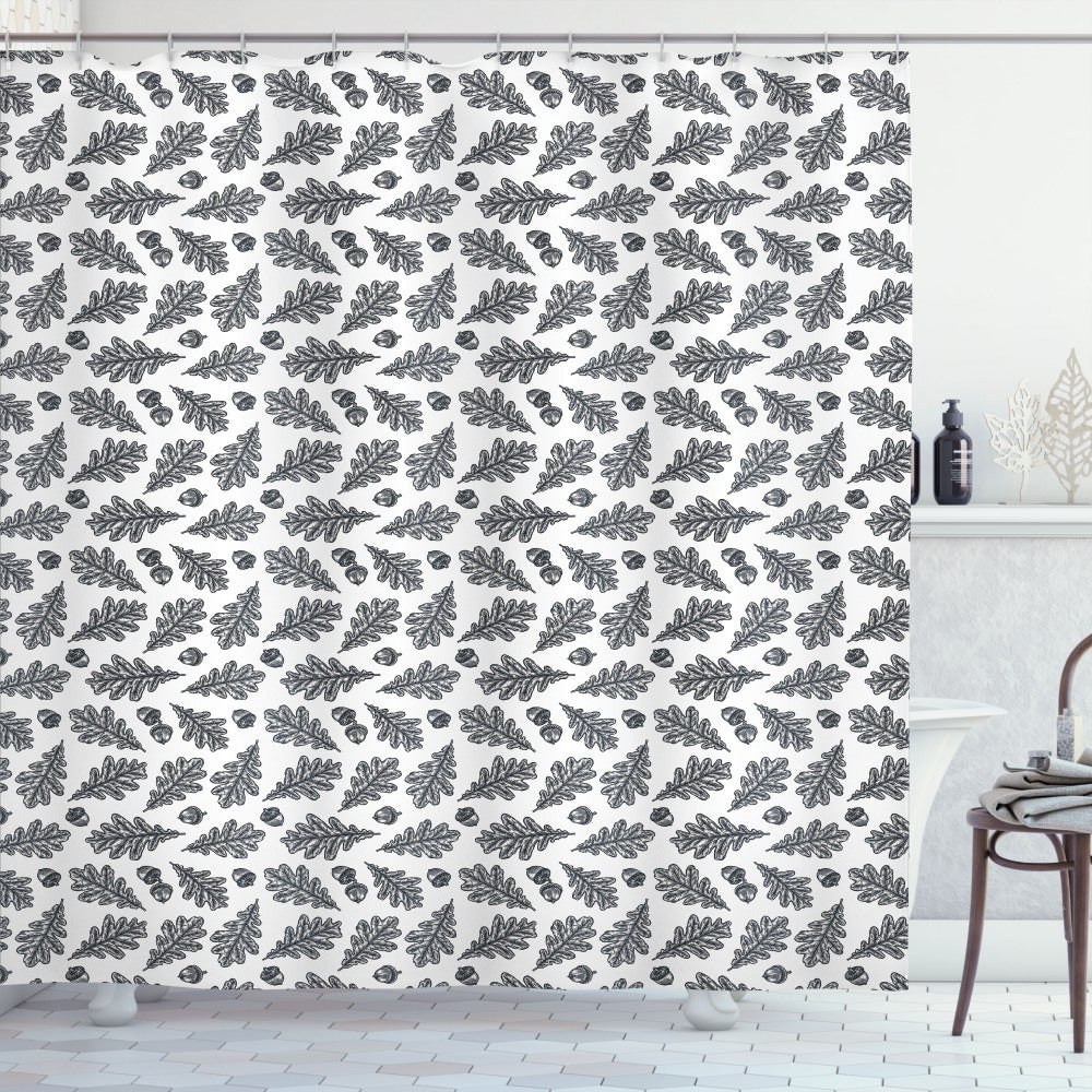 Acorn and Oak Leaves Engraved Shower Curtain in Charcoal Grey and White