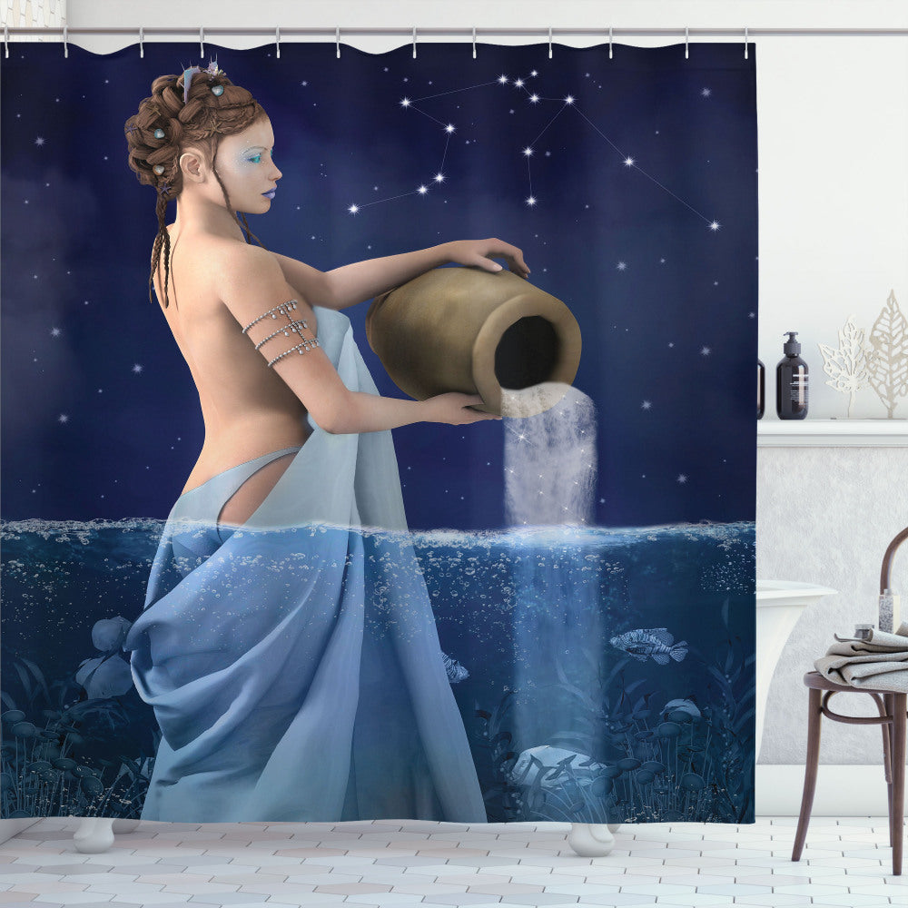 Aquarius Lady With Pail: Astrology-Inspired Dark Blue and Blue Shower Curtain