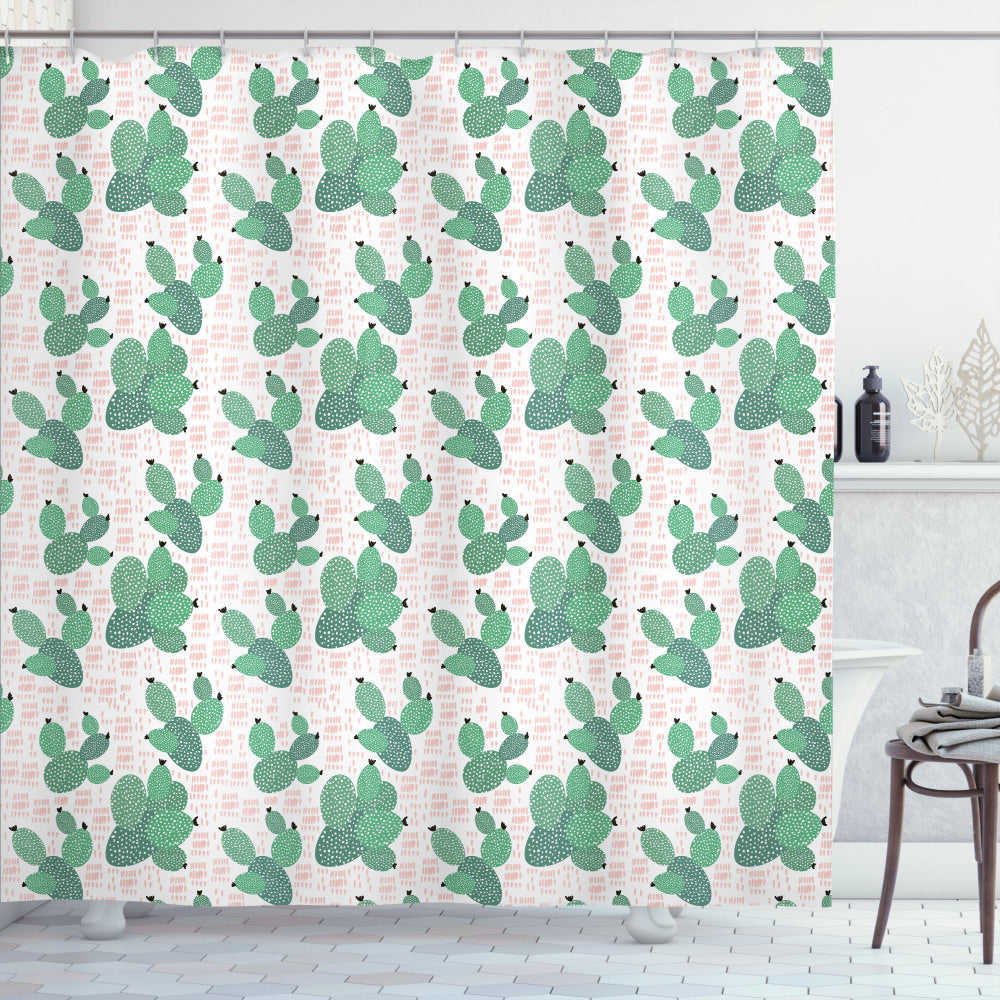 Tropical Succulent Art: Cactus, Fern Green, Black, and Peach Shower Curtain