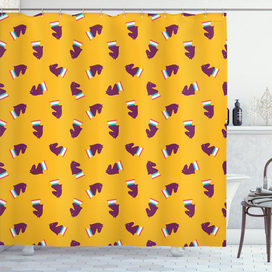 Chess Game Horse Themed Playroom Bath Curtain in Turquoise, Marigold, and Purple