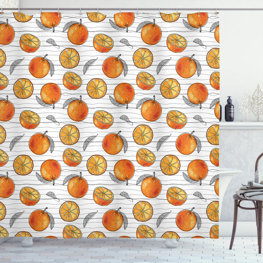 Tangerine and Charcoal Grey Sketch Lines Shower Curtain with Dark Orange, Mustard, and White Accents