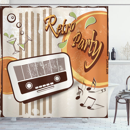 70s Retro Party Vibes: Vintage Radio-Inspired Shower Curtain in Dark Brown, Orange, and Beige