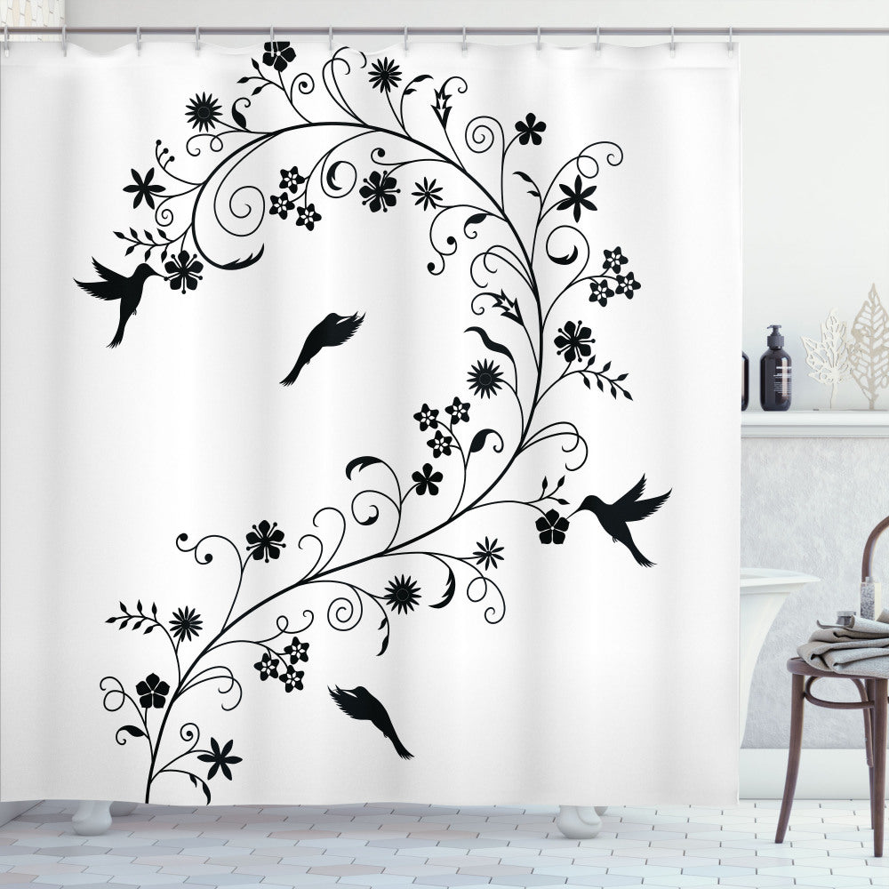 Black and White Curves Swirls Bird Shower Curtain