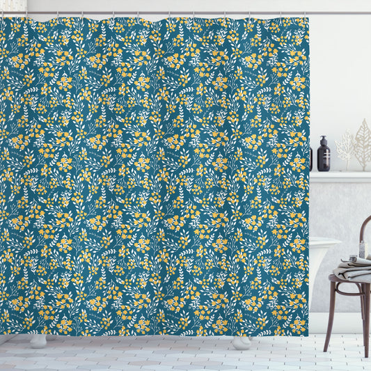 Botanical Garden Flower Bouquet Shower Curtain in Earth Yellow, Petrol Blue, and White