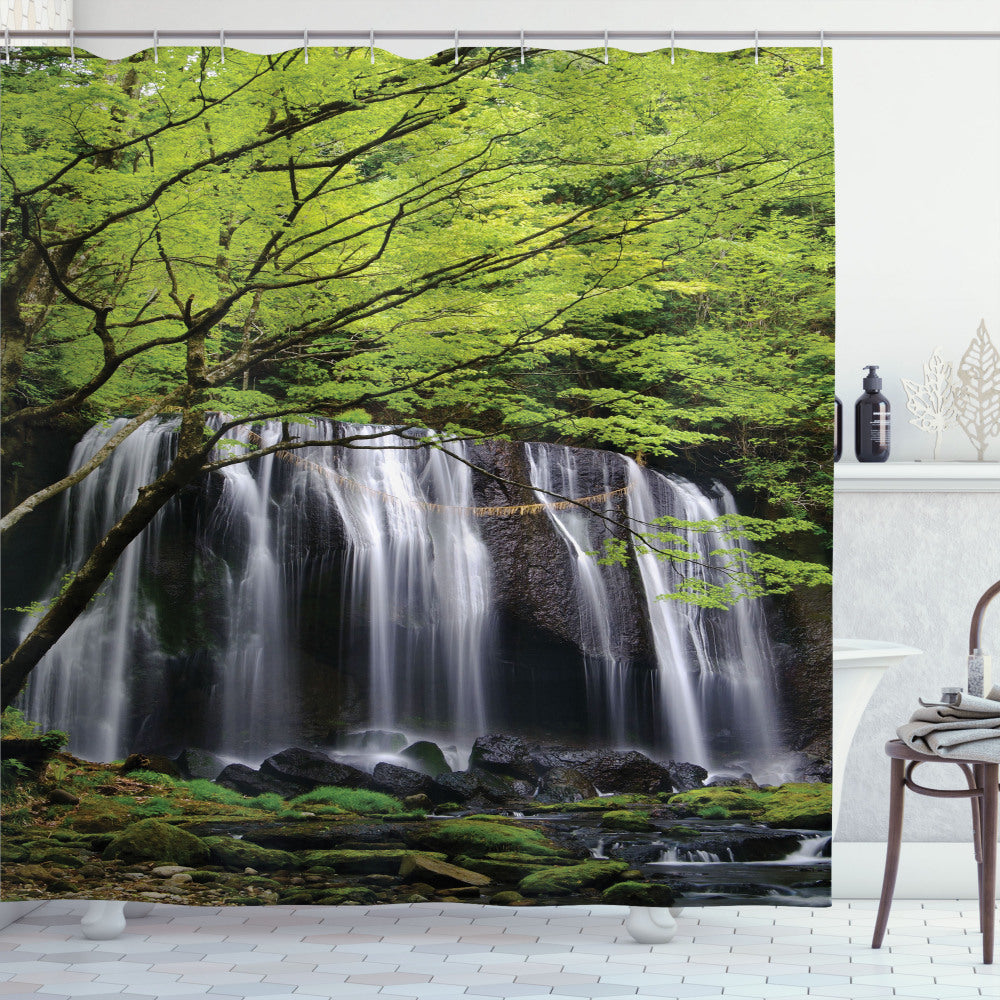 White, Black, and Green Waterfall Rock Tree Shower Curtain