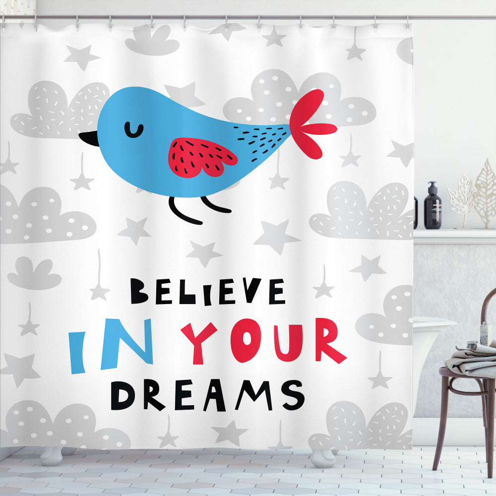 Believe in Your Dreams with Pale Grey, Sky Blue, Dark Pink, and Charcoal Grey Bird Motif Shower Curtain