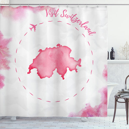 Switzerland Inspired Monochrome Map Design Shower Curtain in Pale Pink, Pastel Pink, and White