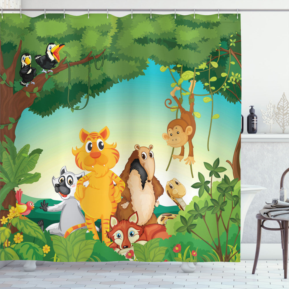 Zoo Jungle Habitat Forest Scene Bath Curtain in Multicolor Design