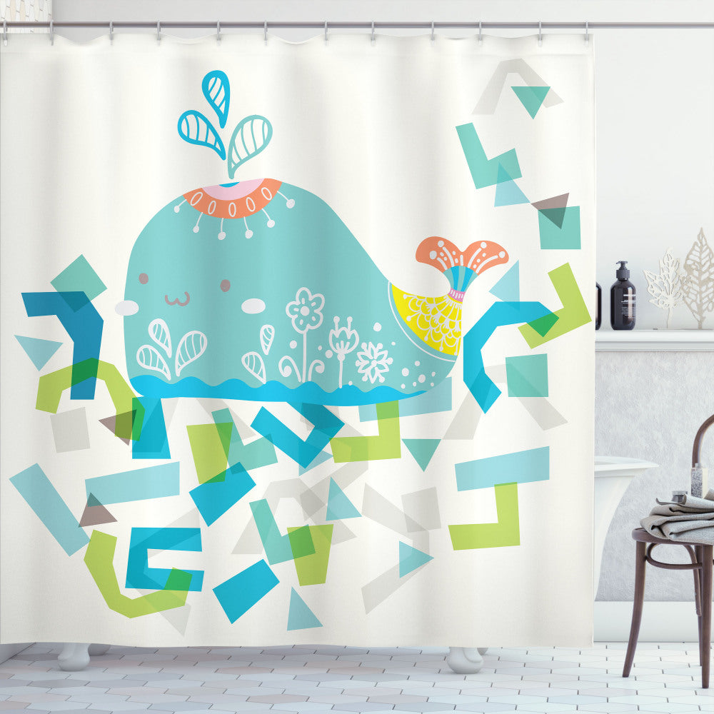 Whale-themed Yellow Green and Blue Cartoon Smile Shower Curtain