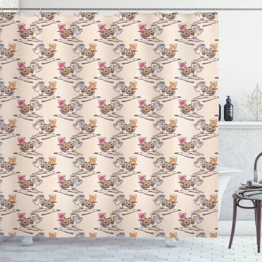 Breakfast-Inspired Shower Curtain in Coffee, Donuts, and Juices Theme