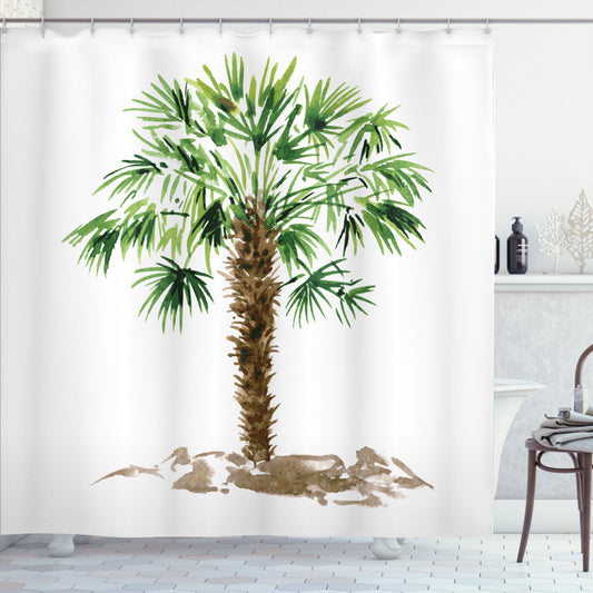 Tropical Hawaiian Palm Tree Green Brown Fern Shower Curtain