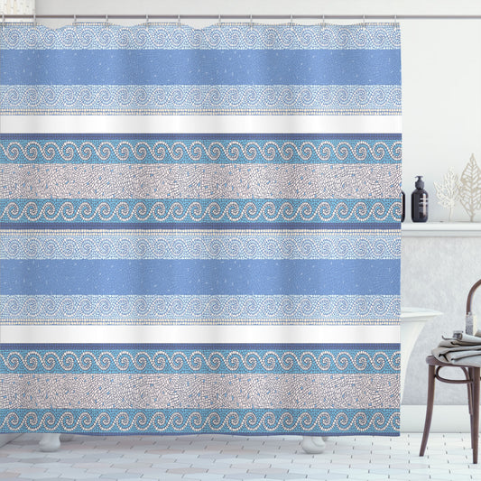 Vintage-Inspired Mosaic Border Design Shower Curtain in Retro White, Beige, and Blue Colors