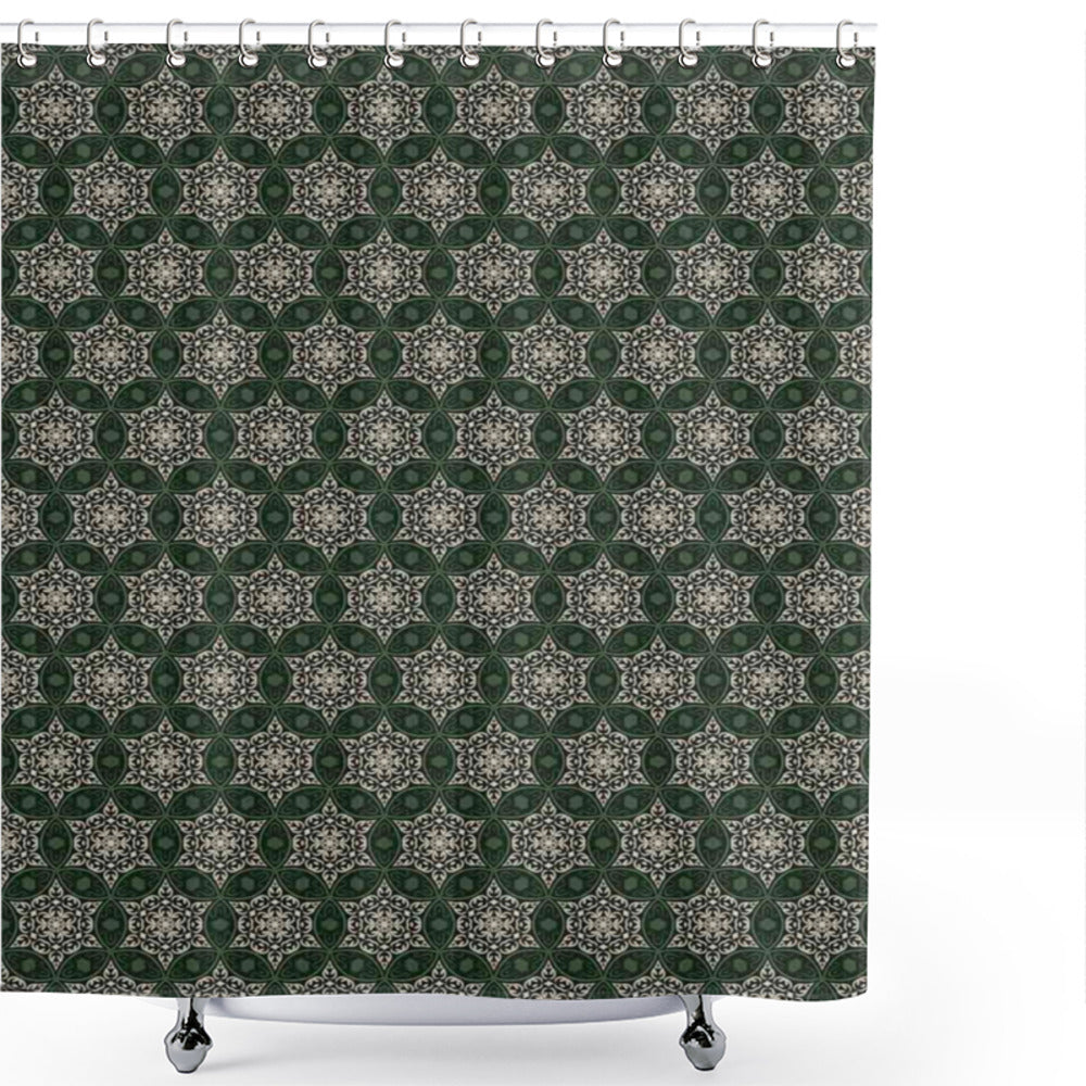 Vintage Dark Green and Beige Mosaic Leaf Ornaments Shower Curtain