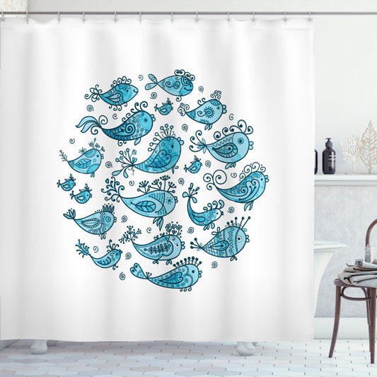 Blue and White Fish Sketch Art Shower Curtain