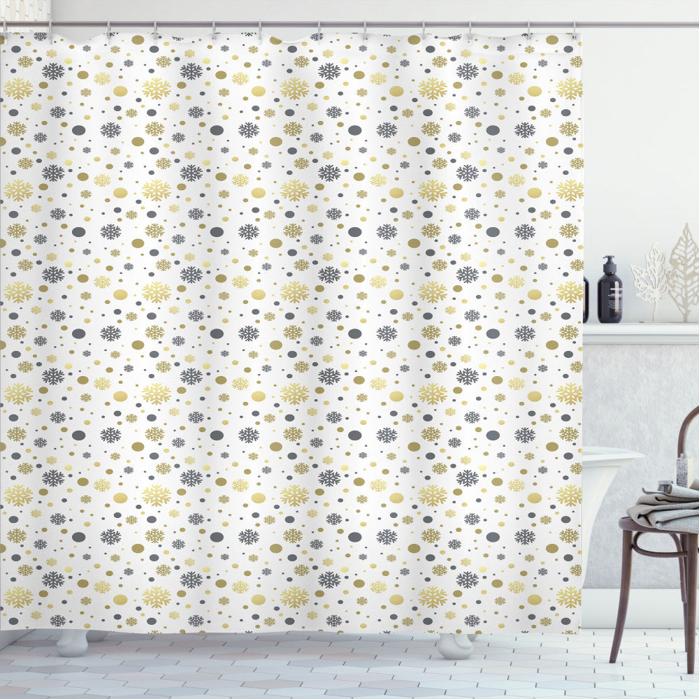 Christmas-themed Shower Curtain in Snowy Winter Colors of Yellow, White, and Grey