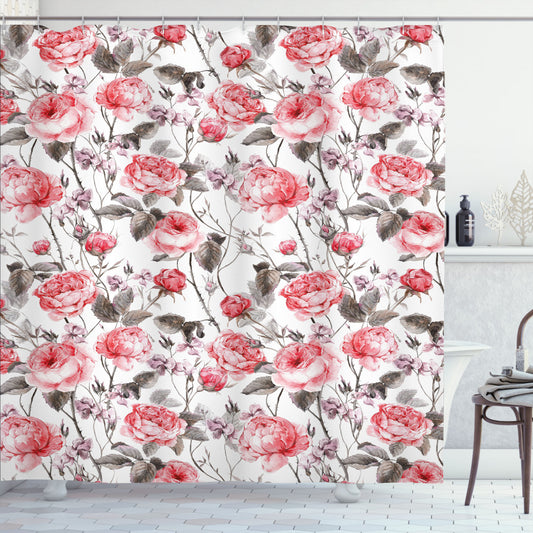 Timeless Floral Watercolor Shower Curtain in Rose, Taupe, and Coral