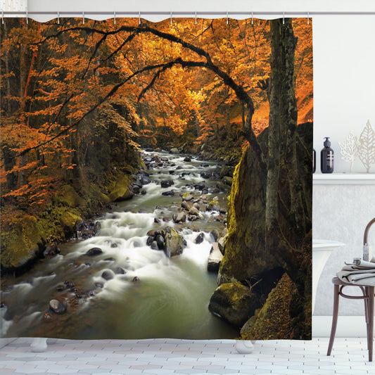 Autumnal Yellow and Grey River with Rocks Forest Lush Shower Curtain