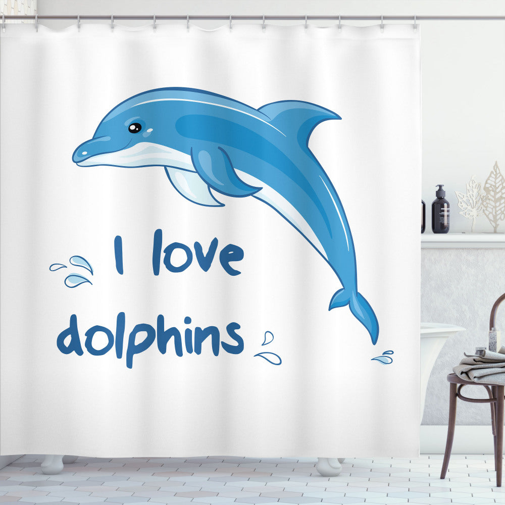 Cartoon Dolphin Bath Curtain with White and Blue Ocean Animals Design