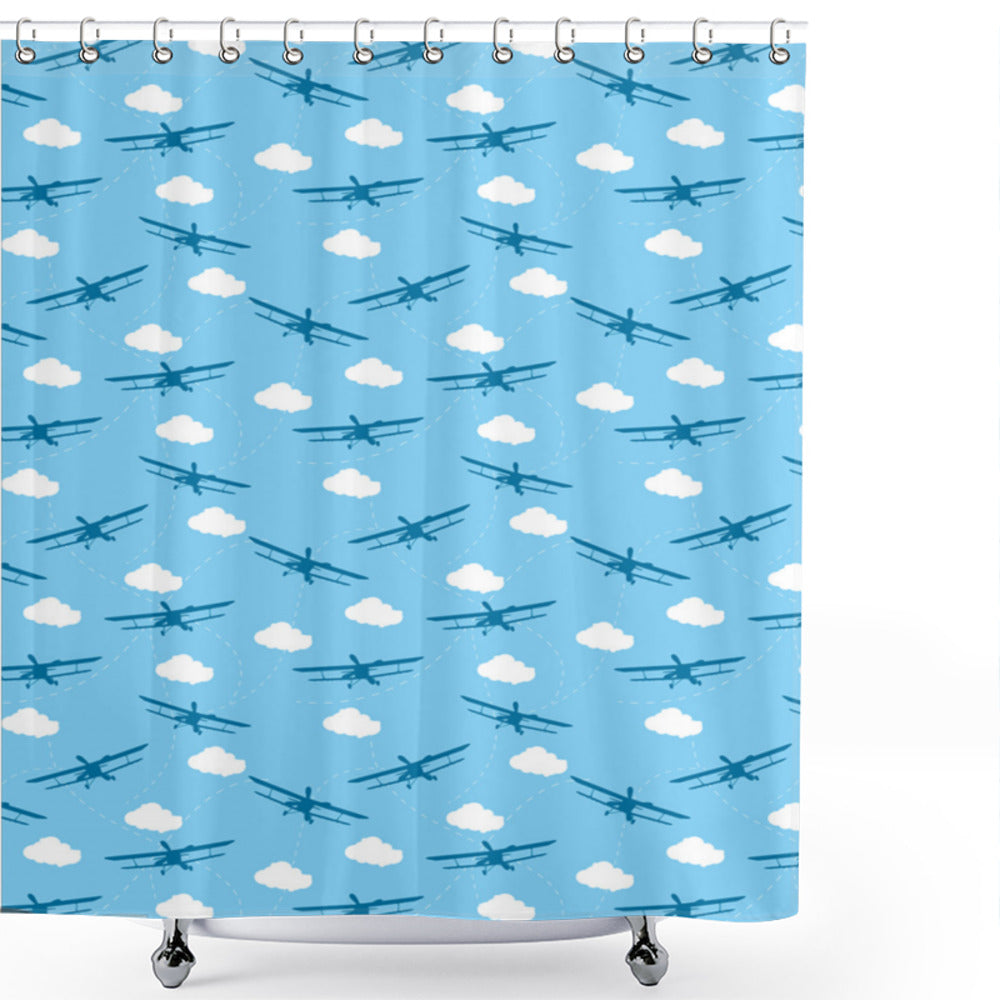 White and Blue Airplane Bath Curtain Soaring Among the Clouds