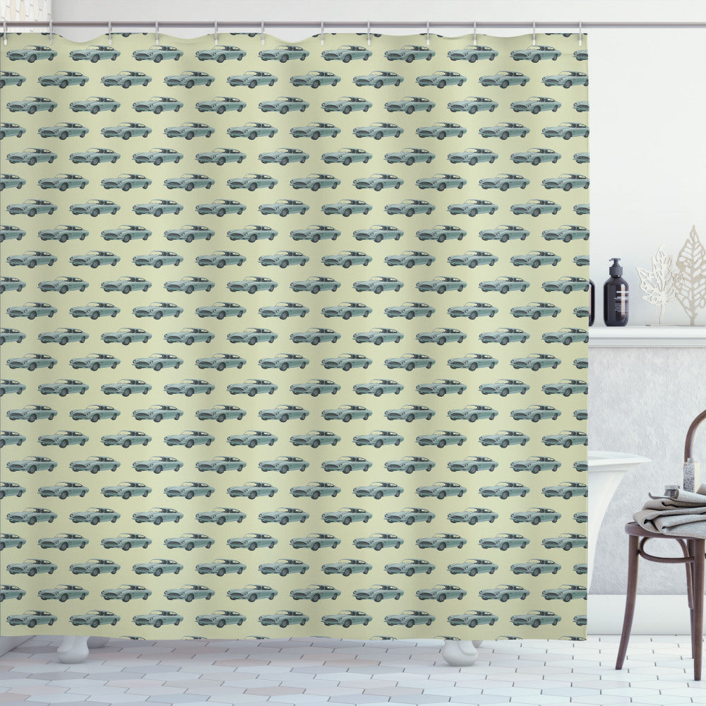 Vintage Inspired Retro Sports Car Design Bath Curtain with a Stunning Palette of Pale Green and Slate Blue