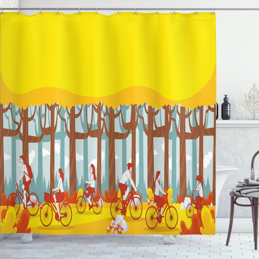 Yellow and Multicolor Bike Shower Curtain for Riding in the Woodland