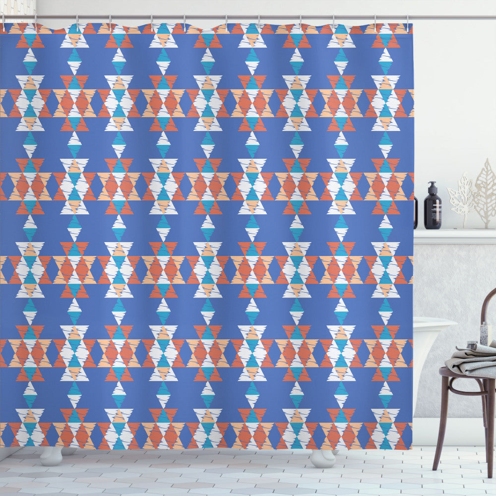 Aztec-Inspired Retro Native Triangular Art Bath Curtain in Dark Salmon, Sea Blue, Peach, and Dark Ceil Blue Colors