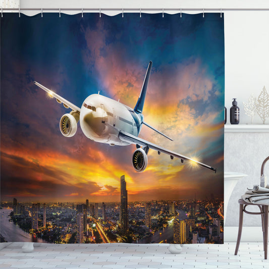 Travel in Style: Orange and Blue Night Scene Plane Bath Curtain