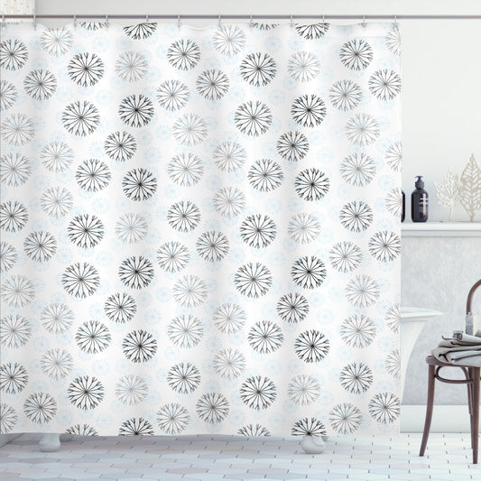 Winter Wonderland: Abstract Neutral Snowflakes Shower Curtain in Pale Taupe, Pale Blue, Charcoal Grey, and White.