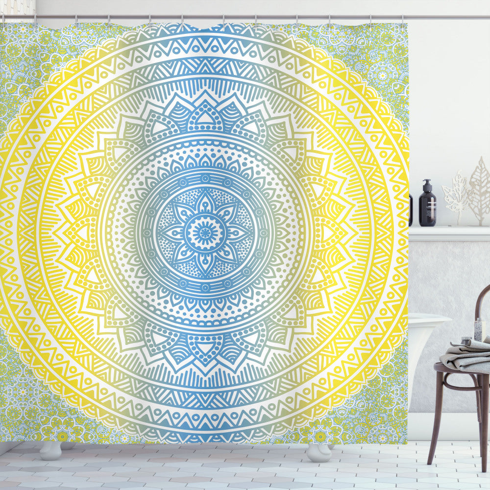 Blue Ombre Mandala Shower Curtain in Blue and Yellow Color Palette